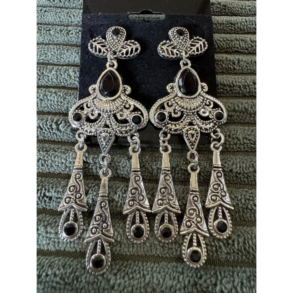 Silver Tone Dangle Earrings with‎ Black Accents, Statement Fashion Jewelry